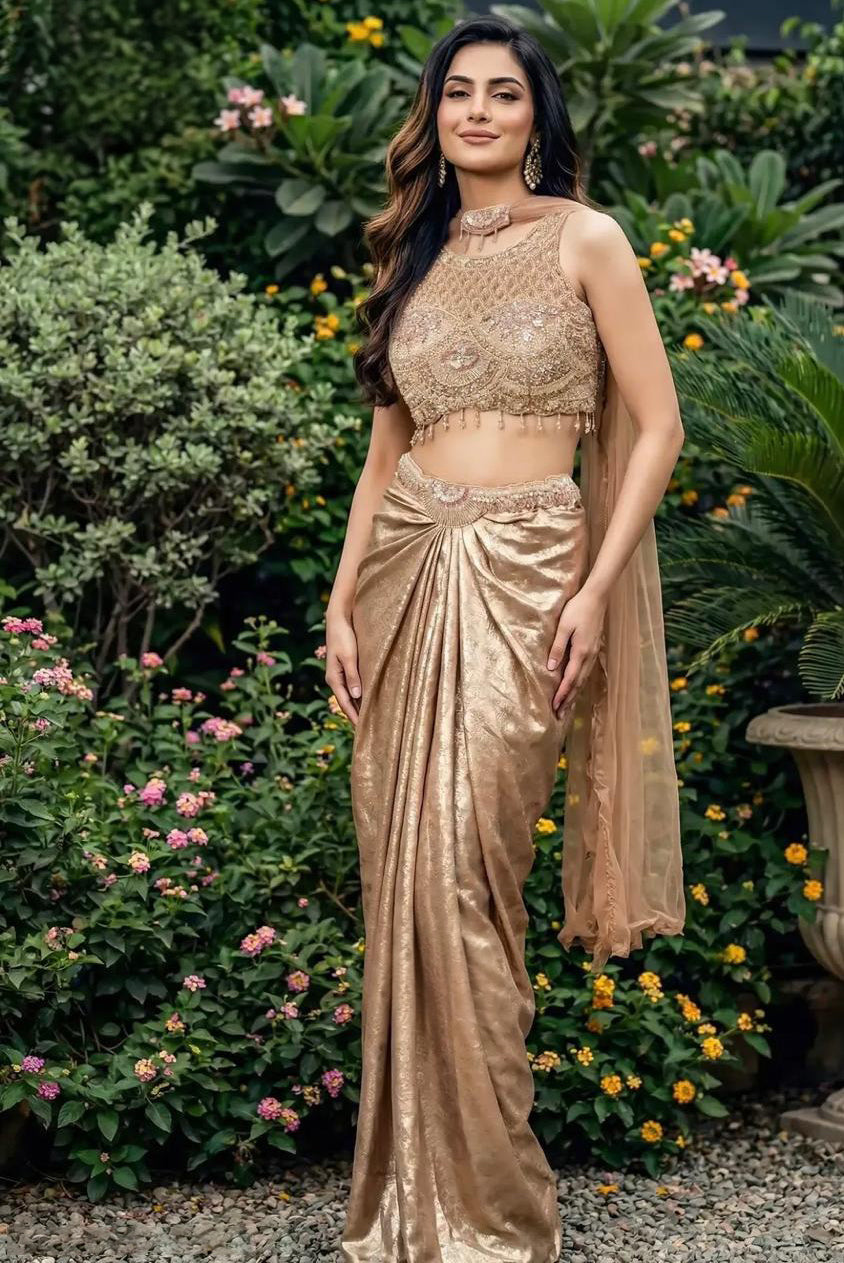 Champagne Pearl Draped Saree Set