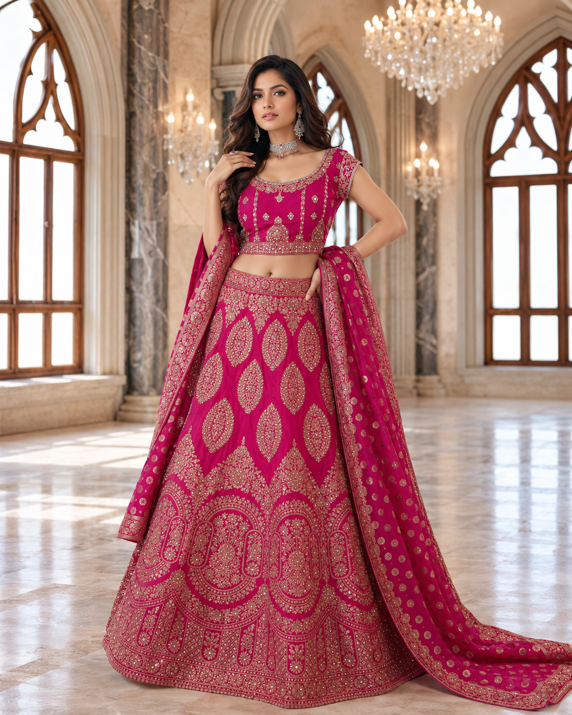 Fuchsia Gold Zari Bridal Lehenga Ensemble