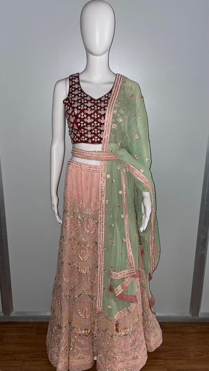 Peach Maroon Floral Lehenga Set