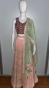 Peach Maroon Floral Lehenga Set