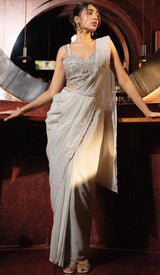 Grey Crystal Drape Saree Couture Ensemble