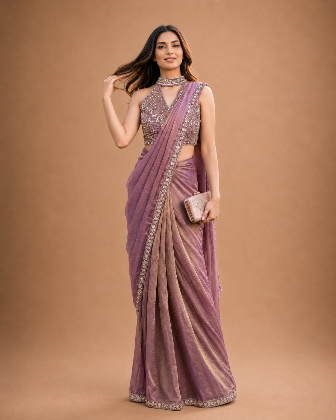 Mauve Bronze Embellished Draped Saree Ensemble