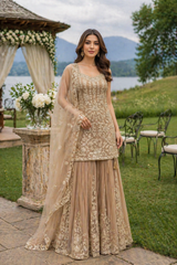 Beige Embroidered Kurta Sharara Set