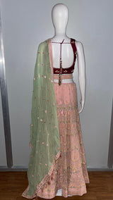 Peach Maroon Floral Lehenga Set