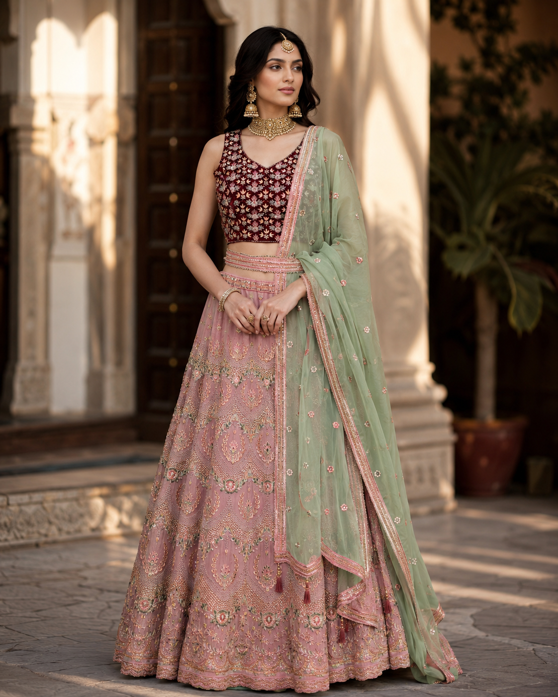 Peach Maroon Floral Lehenga Set