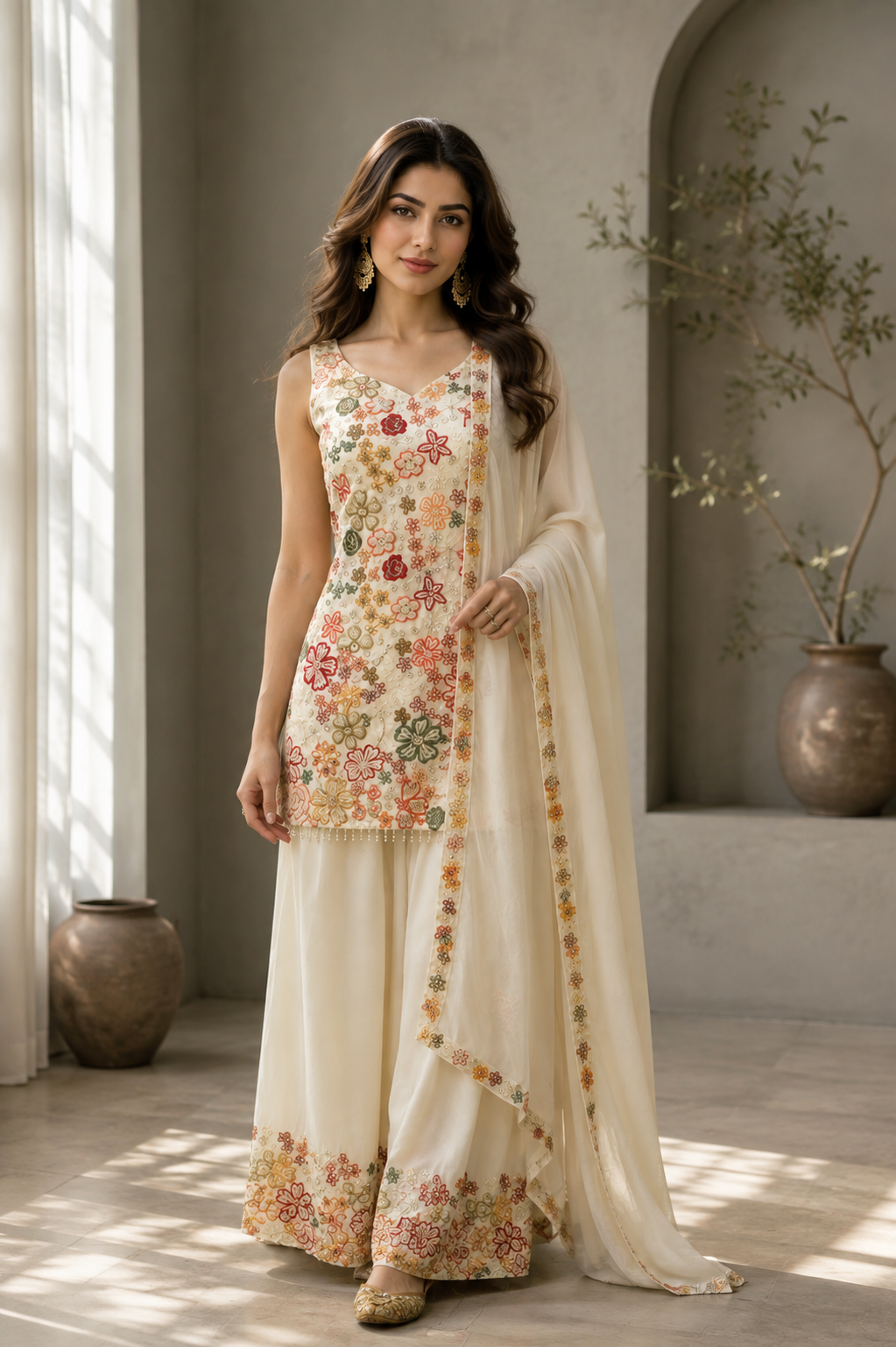 Ivory Botanical Embroidered Palazzo Couture Ensemble