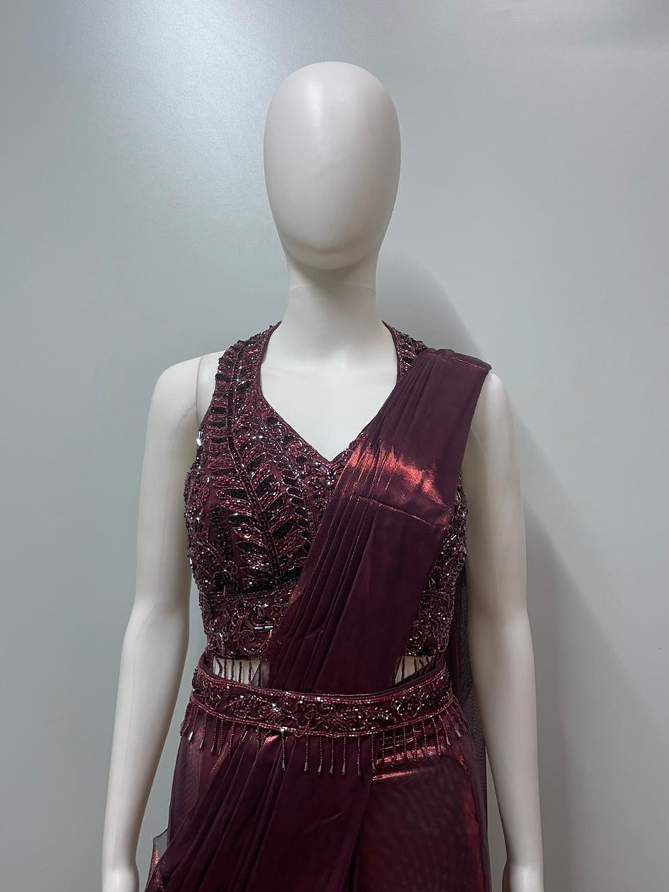 Burgundy Sequin Draped Saree Set