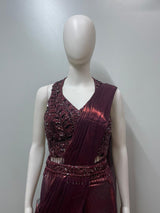 Burgundy Sequin Draped Saree Set