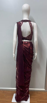 Burgundy Sequin Draped Saree Set
