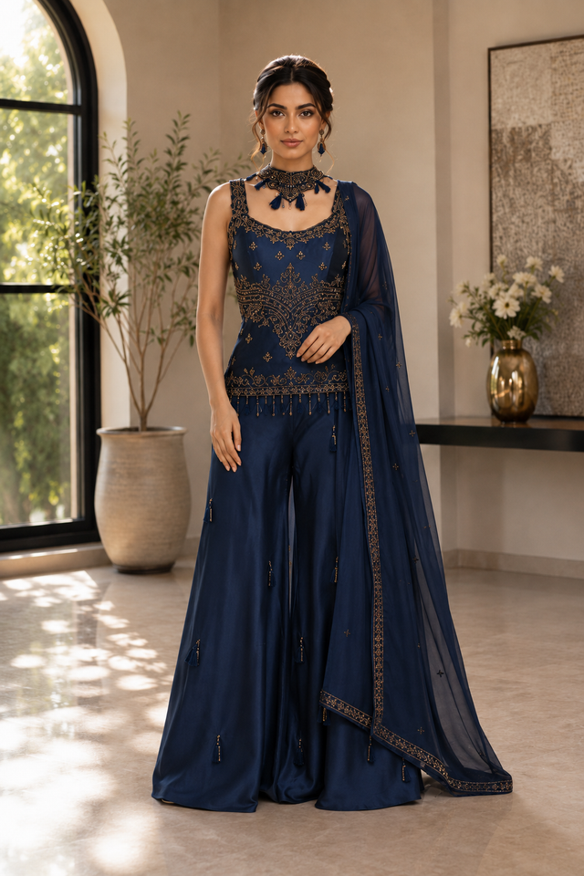 Midnight Navy Antique Gold Embroidered Palazzo Ensemble