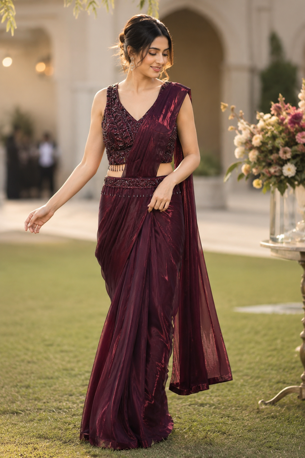 Burgundy Sequin Draped Saree Set