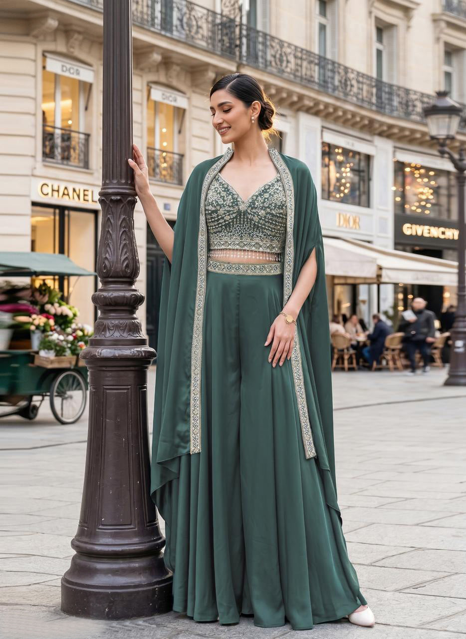 Deep Teal Silver Embroidered Cape Palazzo Ensemble