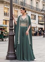 Deep Teal Silver Embroidered Cape Palazzo Ensemble