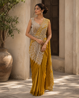 Mustard Silver Peacock Embroidered Draped Saree Set