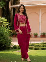 Rani Pink Silver Embroidered Dhoti Set