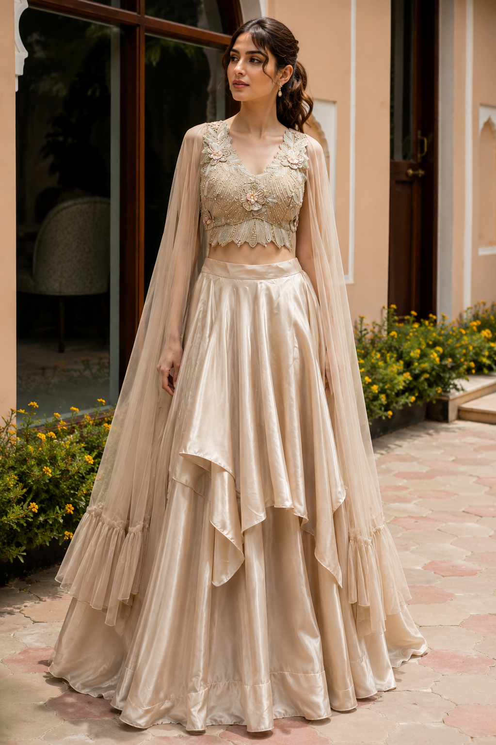 Champagne Pearl Embroidered Cape Lehenga Set