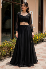 Black Sequin Corset Palazzo Jacket Set