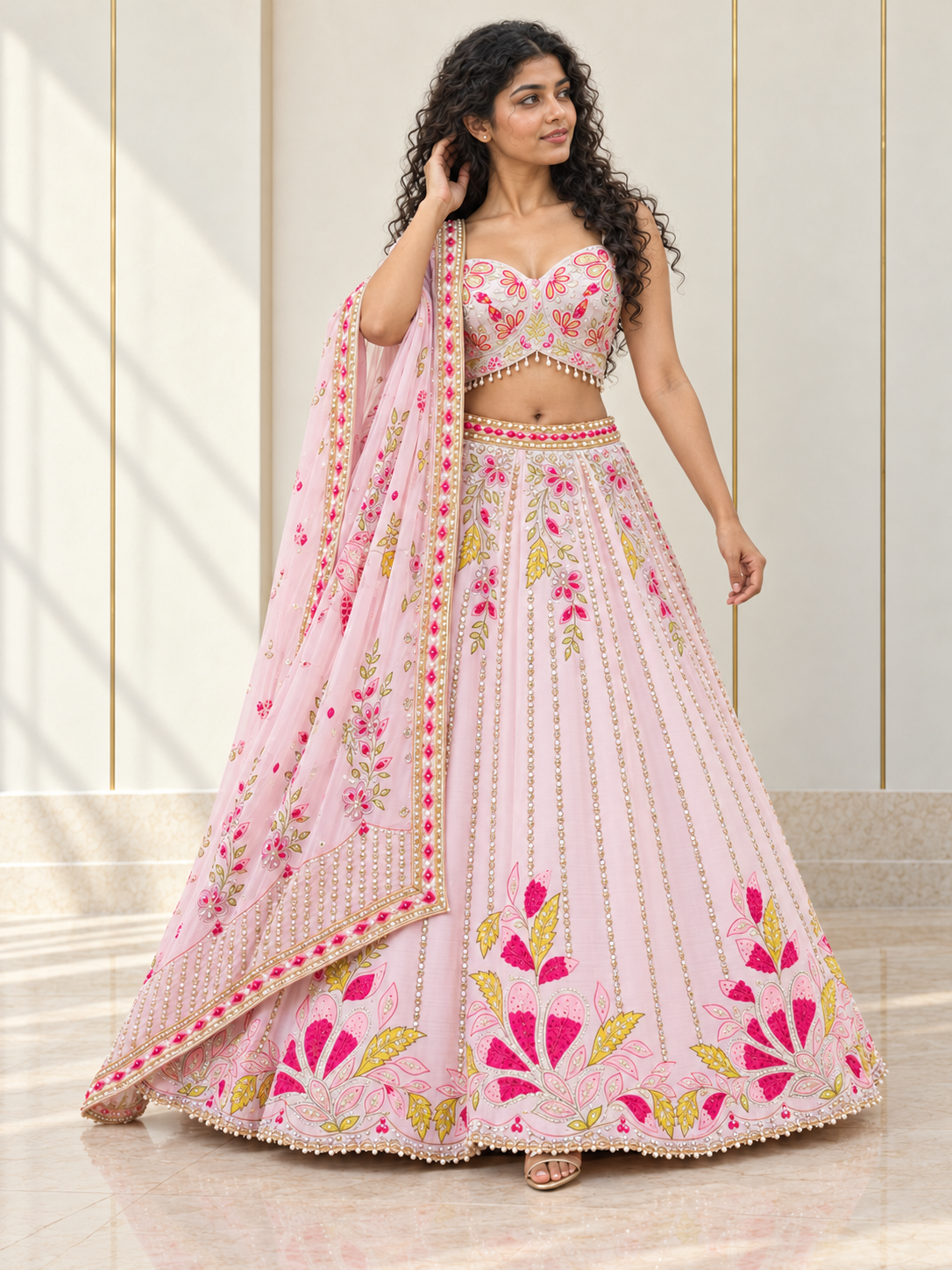 Blush Pink Multicolour Floral Mirrorwork Lehenga Set