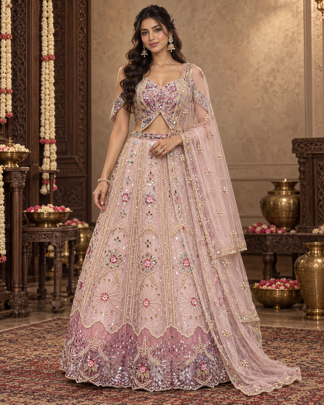 Blush Pink Multicolor Jewel Lehenga Set