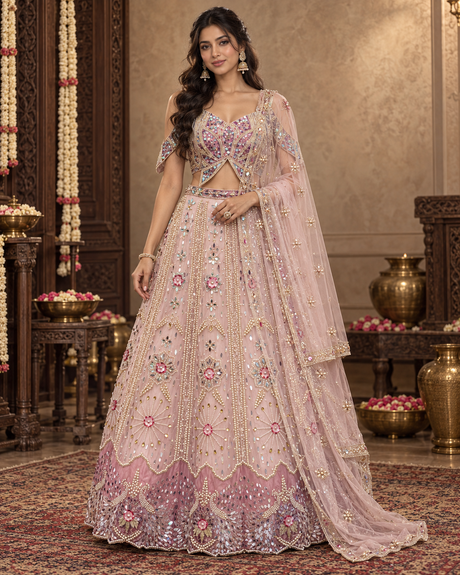 Blush pink lehenga set with a petal-panelled jewel blouse, flared skirt and sheer dupatta