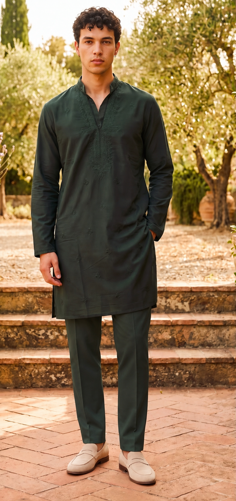 Deep forest green men's kurta with tonal embroidery and matching trousers