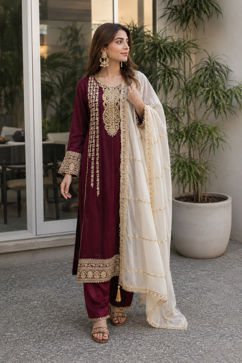 Wine Ivory Embroidered Kurta Set