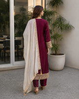 Wine Ivory Embroidered Kurta Set