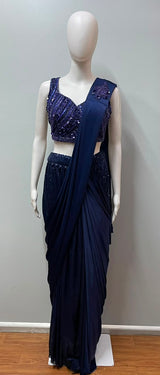 Midnight Navy Sequin Draped Saree Set