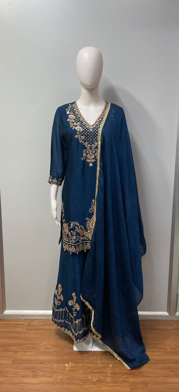 Deep Teal Antique Gold Floral Palazzo Set