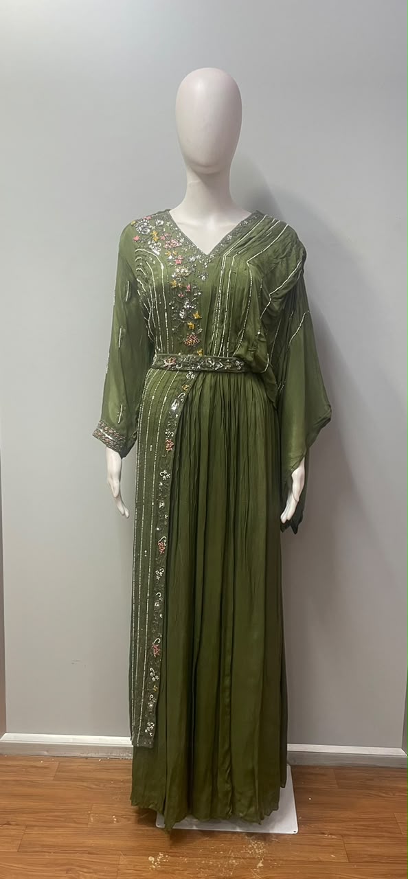 Olive Green Multicolor Floral Embroidered Draped Gown