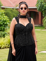 Midnight Black Onyx Floral Corset Draped Skirt Set