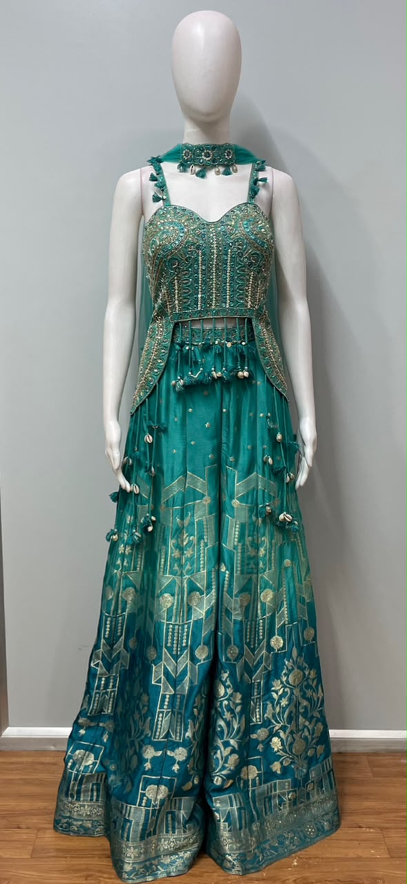 Peacock Teal Gold Geometric Embroidered Lehenga Set