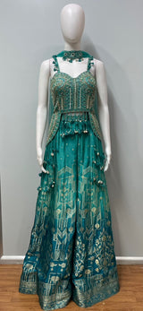 Peacock Teal Gold Geometric Embroidered Lehenga Set