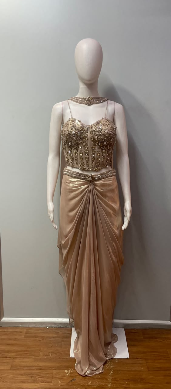 Champagne Gold Jewel Corset Draped Skirt Set