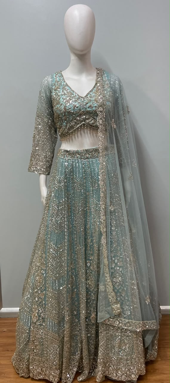 Aqua Champagne Embroidered Lehenga Couture Set