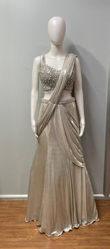 Champagne crystal embellished pre-draped saree from a second angle