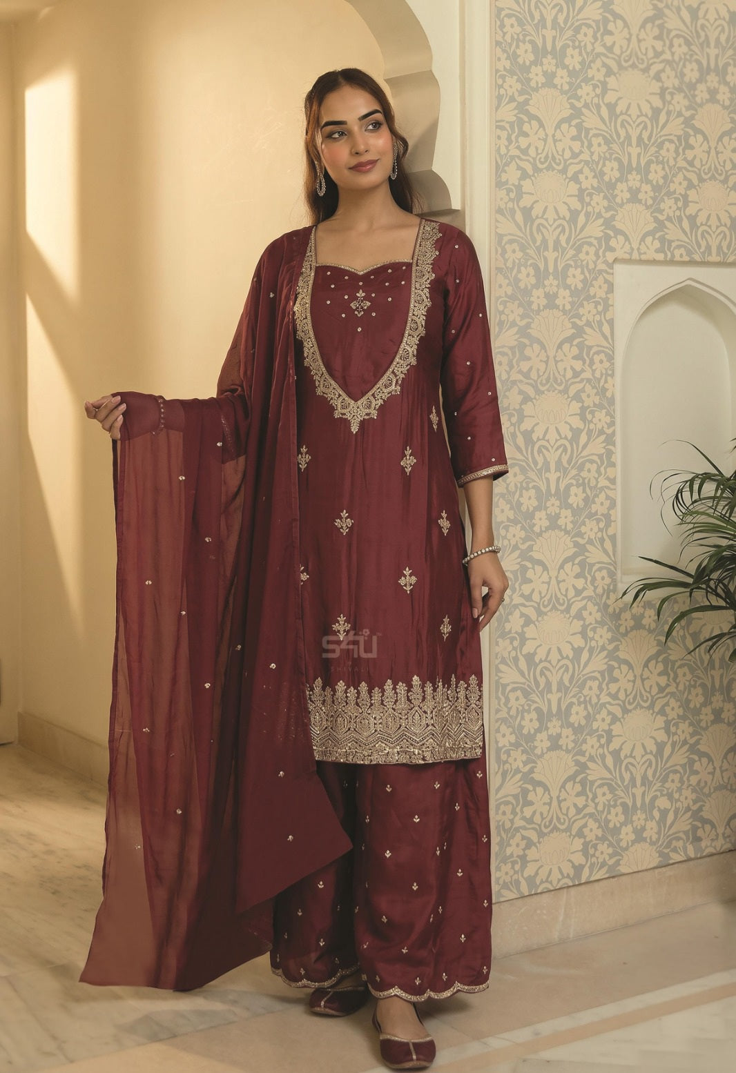 Maroon Gold Palazzo Set