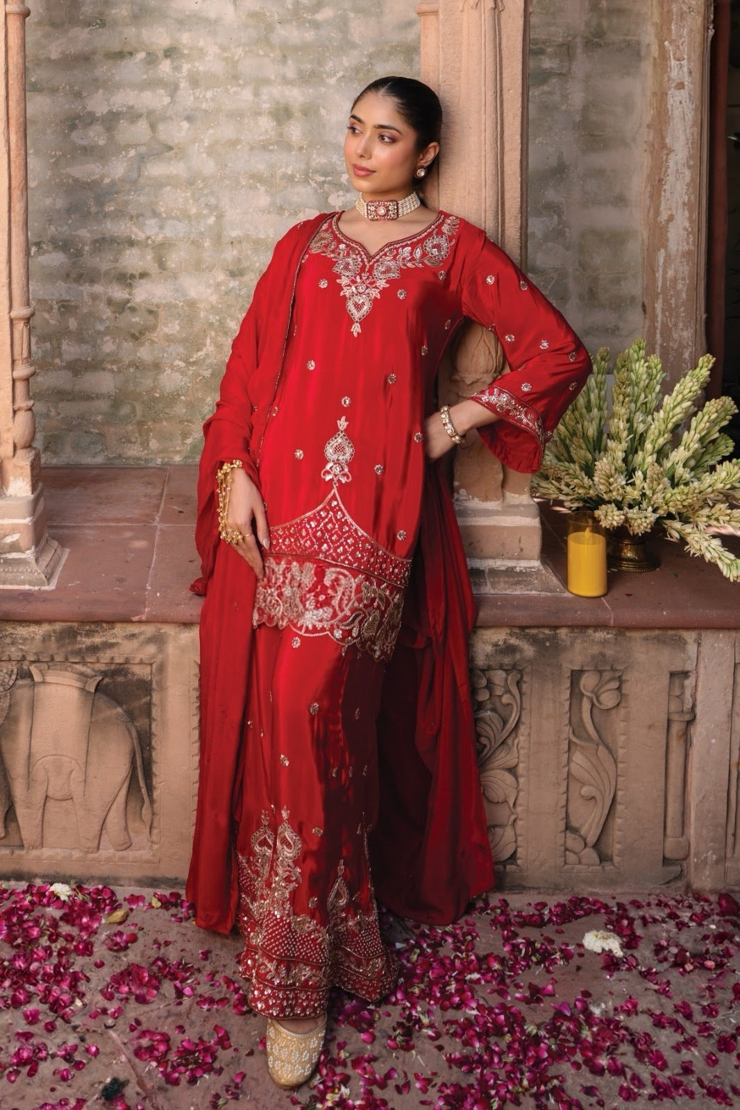 Scarlet Red Antique Silver Jewel Kurta Pant Set