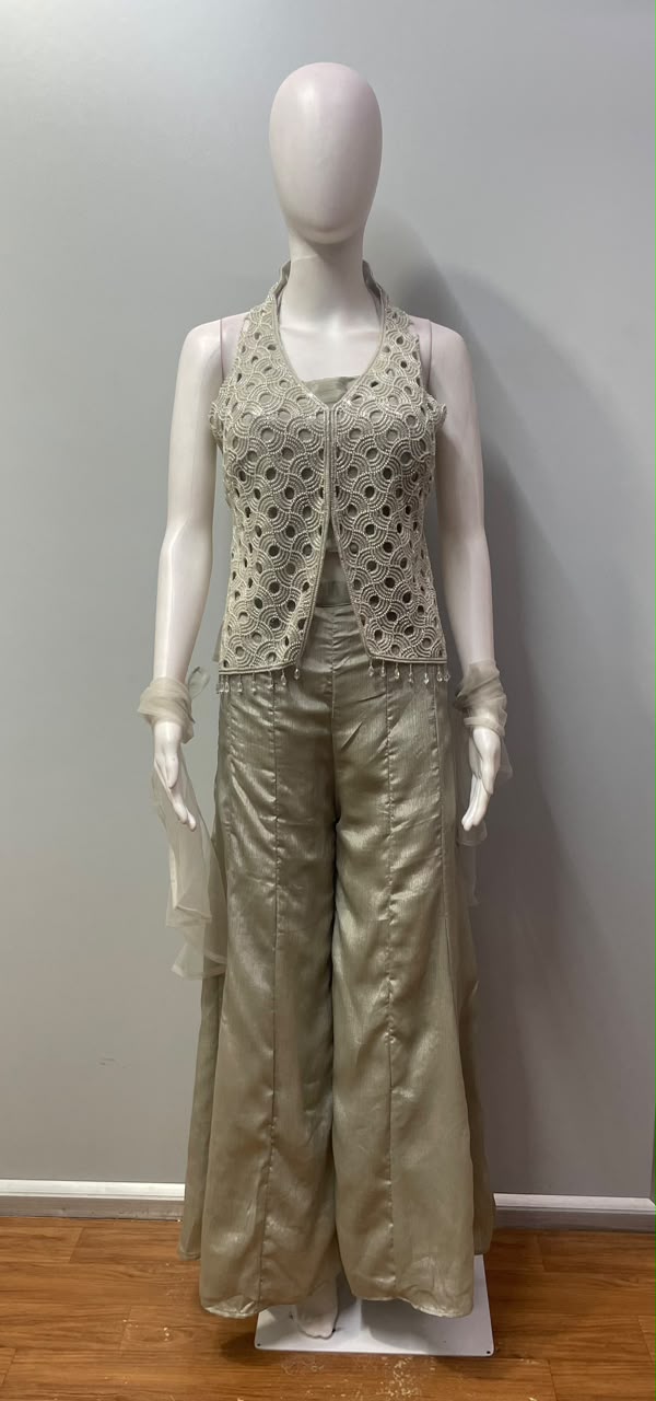 Champagne Sage Pearl Cutwork Palazzo Set