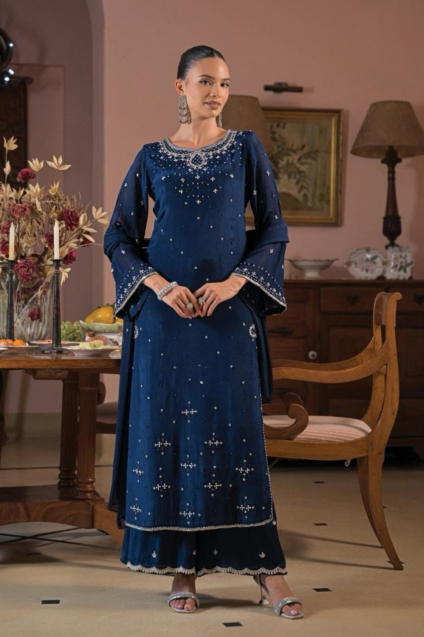 Midnight navy palazzo set with silver crystal beadwork and a scalloped hem