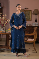 Midnight navy palazzo set with silver crystal beadwork and a scalloped hem