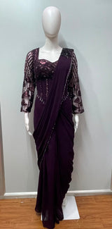 Aubergine Sequin Draped Saree Set