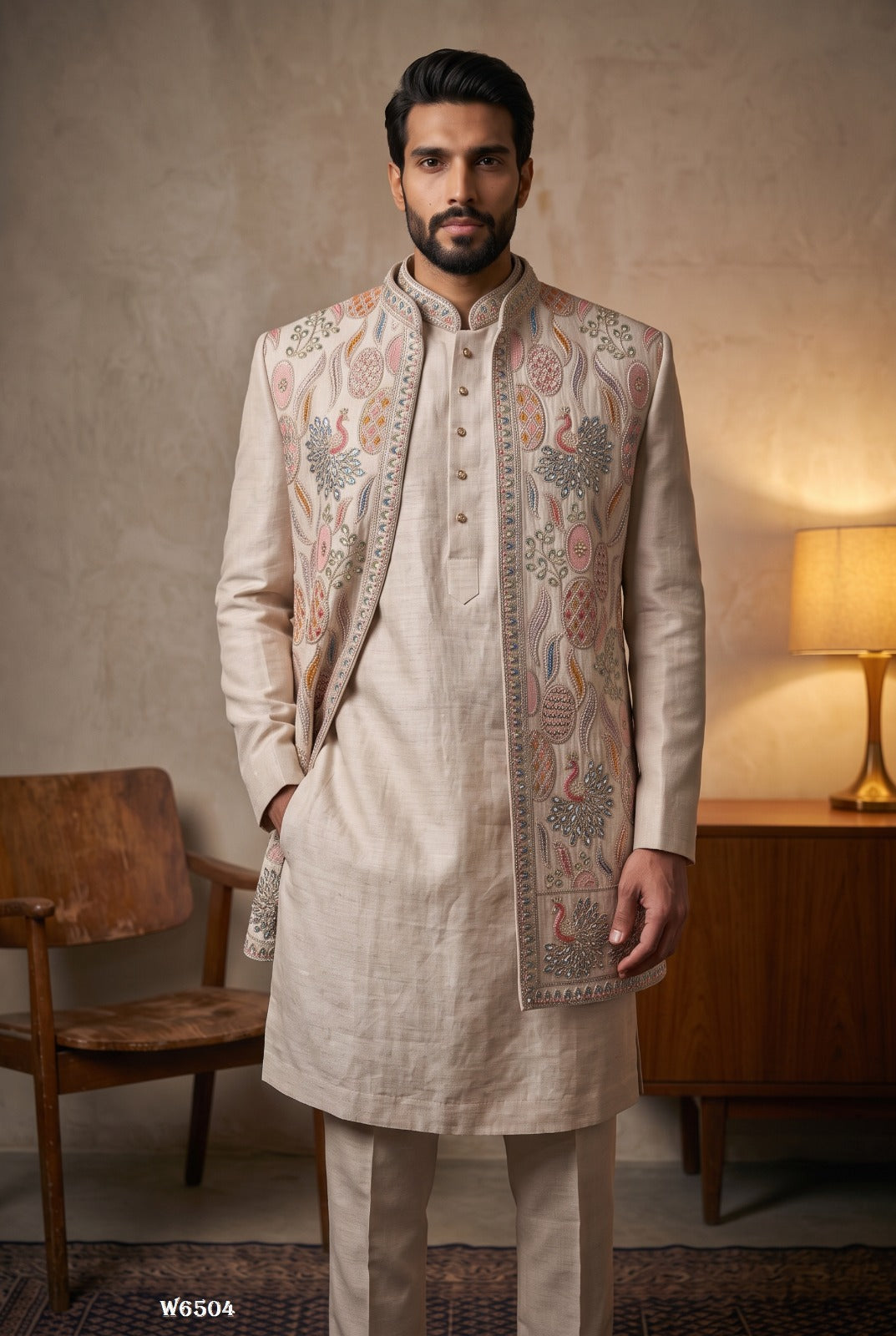 Ivory kurta with pastel peacock waistcoat and matching trousers, full view