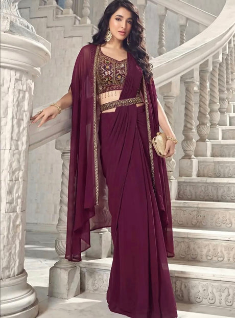 Deep wine pre-draped skirt set with a multicolour jewel-work blouse