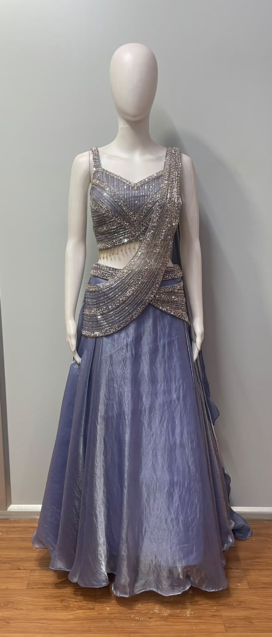 Dusty Lavender Silver Crystal Jewel Draped Lehenga Set