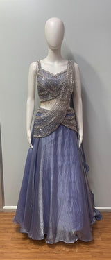 Dusty Lavender Silver Crystal Jewel Draped Lehenga Set