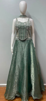 Sage Silver Crystal Corset Lehenga Ensemble