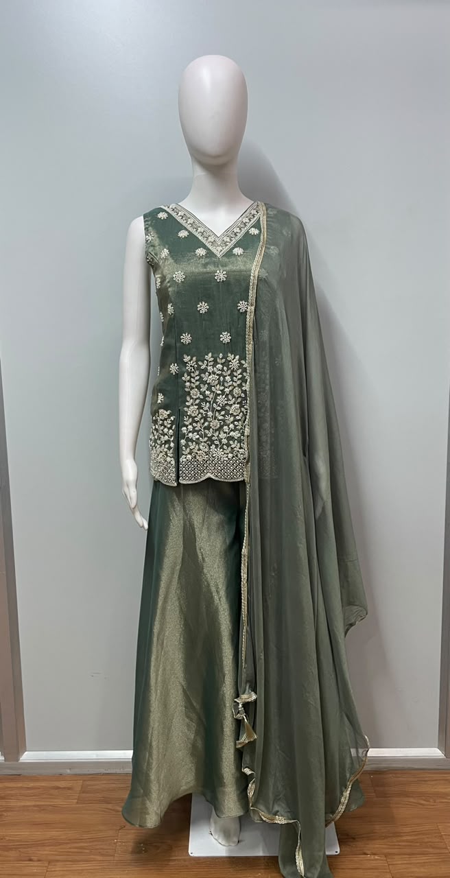 Sage Olive Silver Floral Palazzo Set
