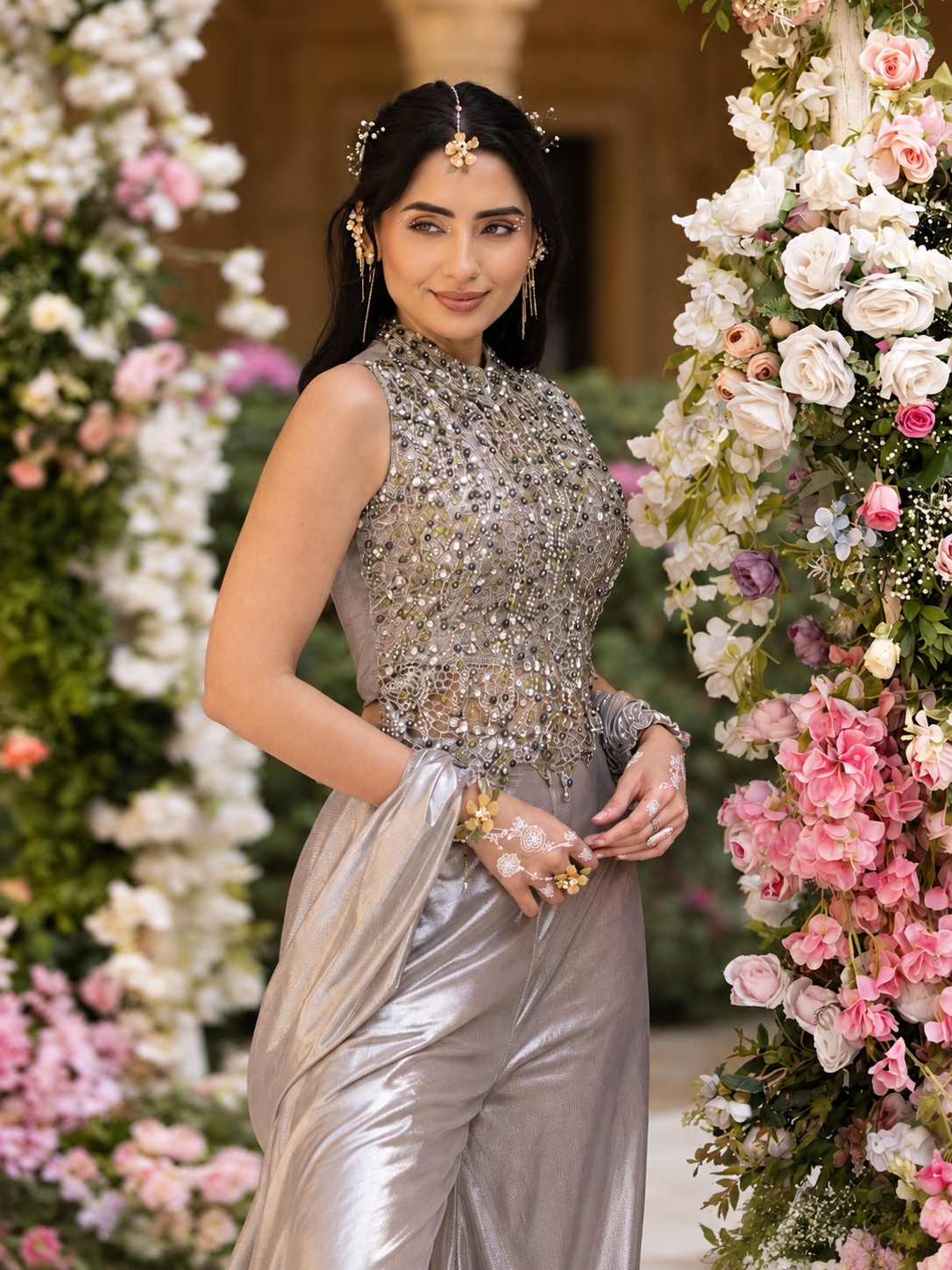 Flowing smoky silver palazzo pants with a metallic finish