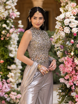 Flowing smoky silver palazzo pants with a metallic finish